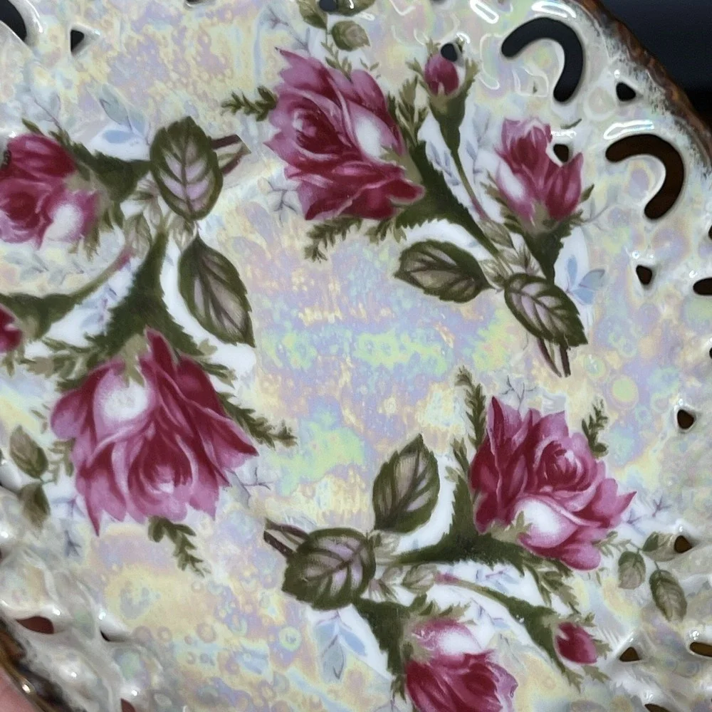 Vintage Royal Sealy China Three Ring Footed Cup &‎ Saucer Iridescent Gold Roses